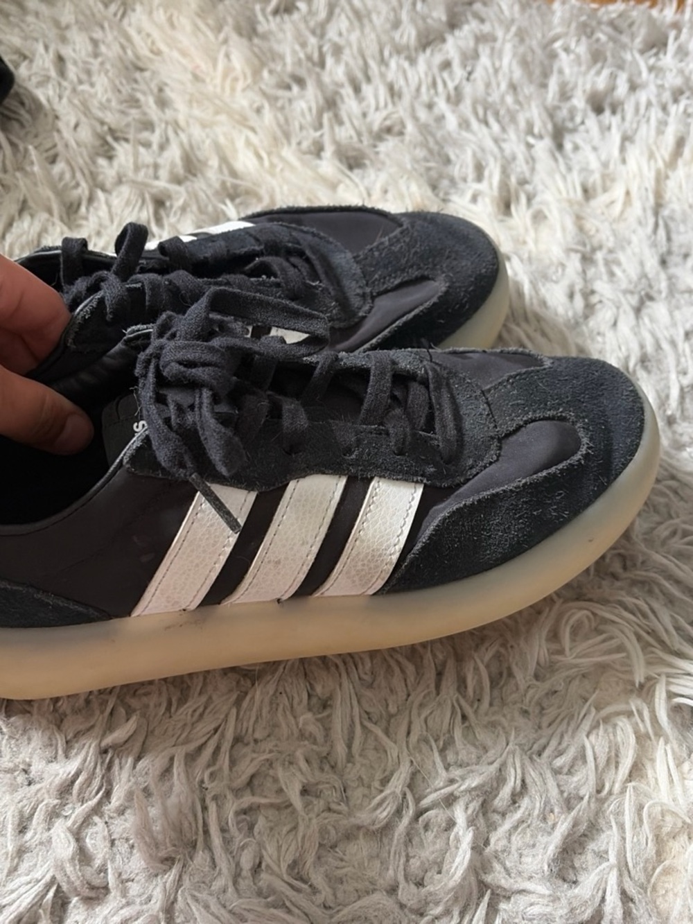 adidas Women's Black Sneakers with White Stripes and Cream Sole
